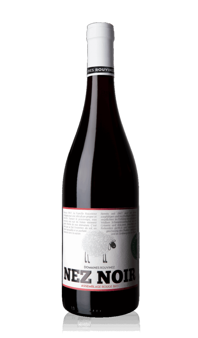 Bouteille de vin rouge Nez Noir de Domaines Rouvinez, assemblage bio avec étiquette illustrée d'un mouton