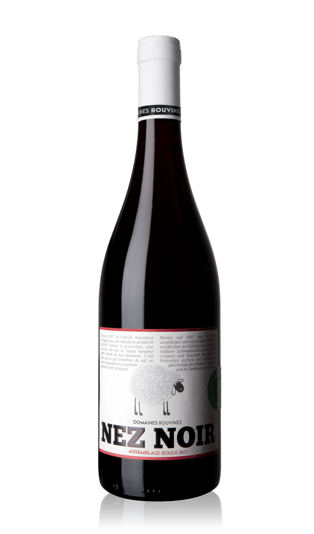 Bouteille de vin rouge Nez Noir de Domaines Rouvinez, assemblage bio avec étiquette illustrée d'un mouton