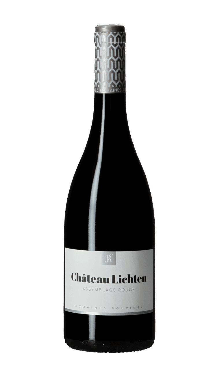 Flasche des Château Lichten Assemblage Rouge der Domaines Rouvinez mit silberner Kapsel mit geometrischen Motiven