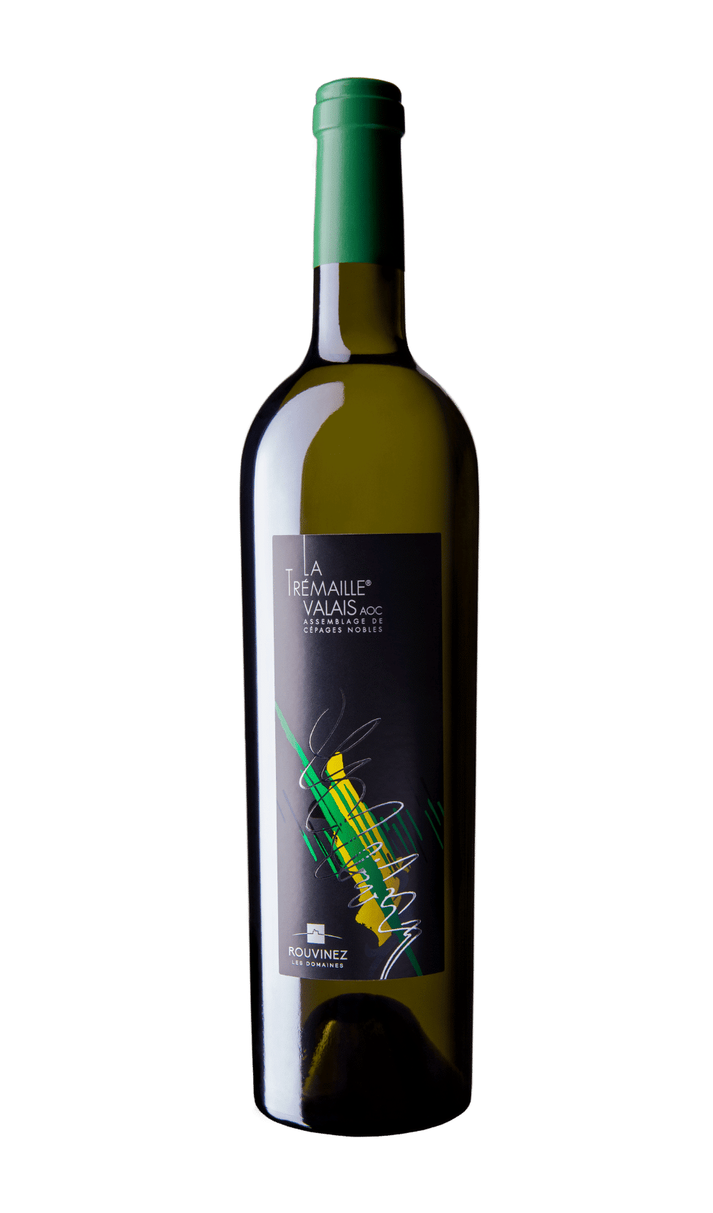 Bouteille de vin blanc Rouvinez La Tremaille Valais AOC avec capsule verte sur fond blanc
