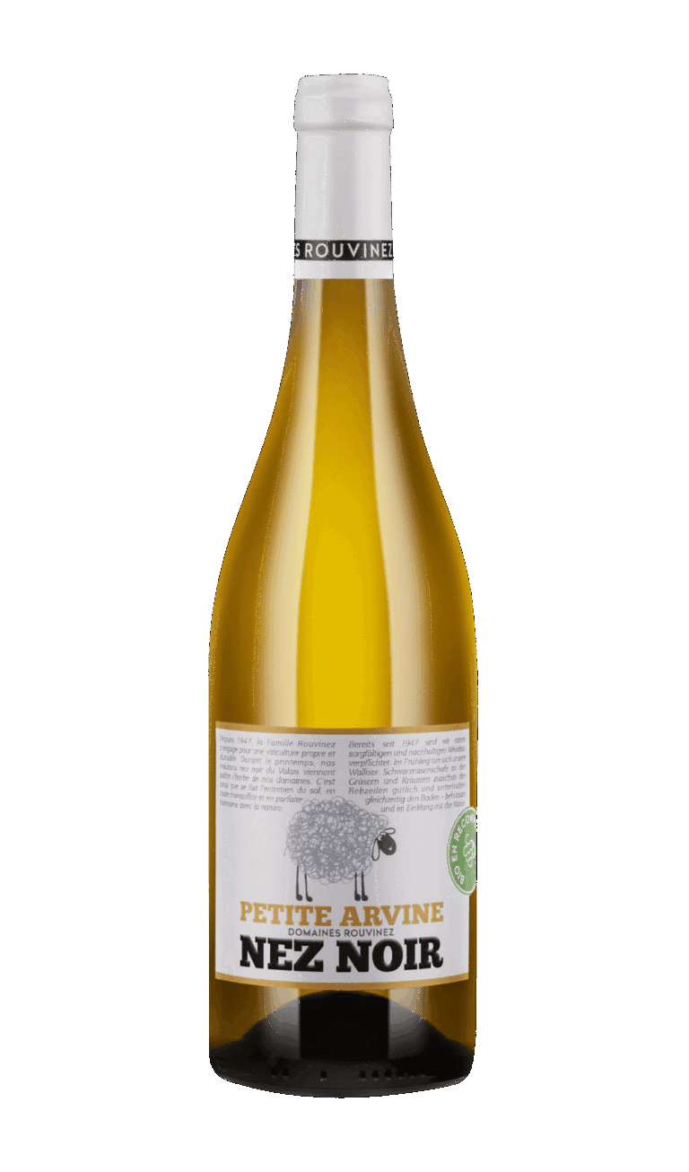 Bouteille de vin blanc Petite Arvine Nez Noir des Domaines Rouvinez avec étiquette illustrée d'un mouton