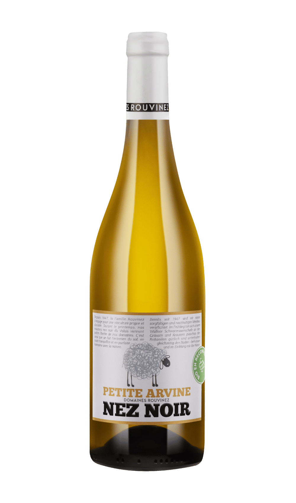 Bouteille de vin blanc Petite Arvine Nez Noir des Domaines Rouvinez avec étiquette illustrée d'un mouton