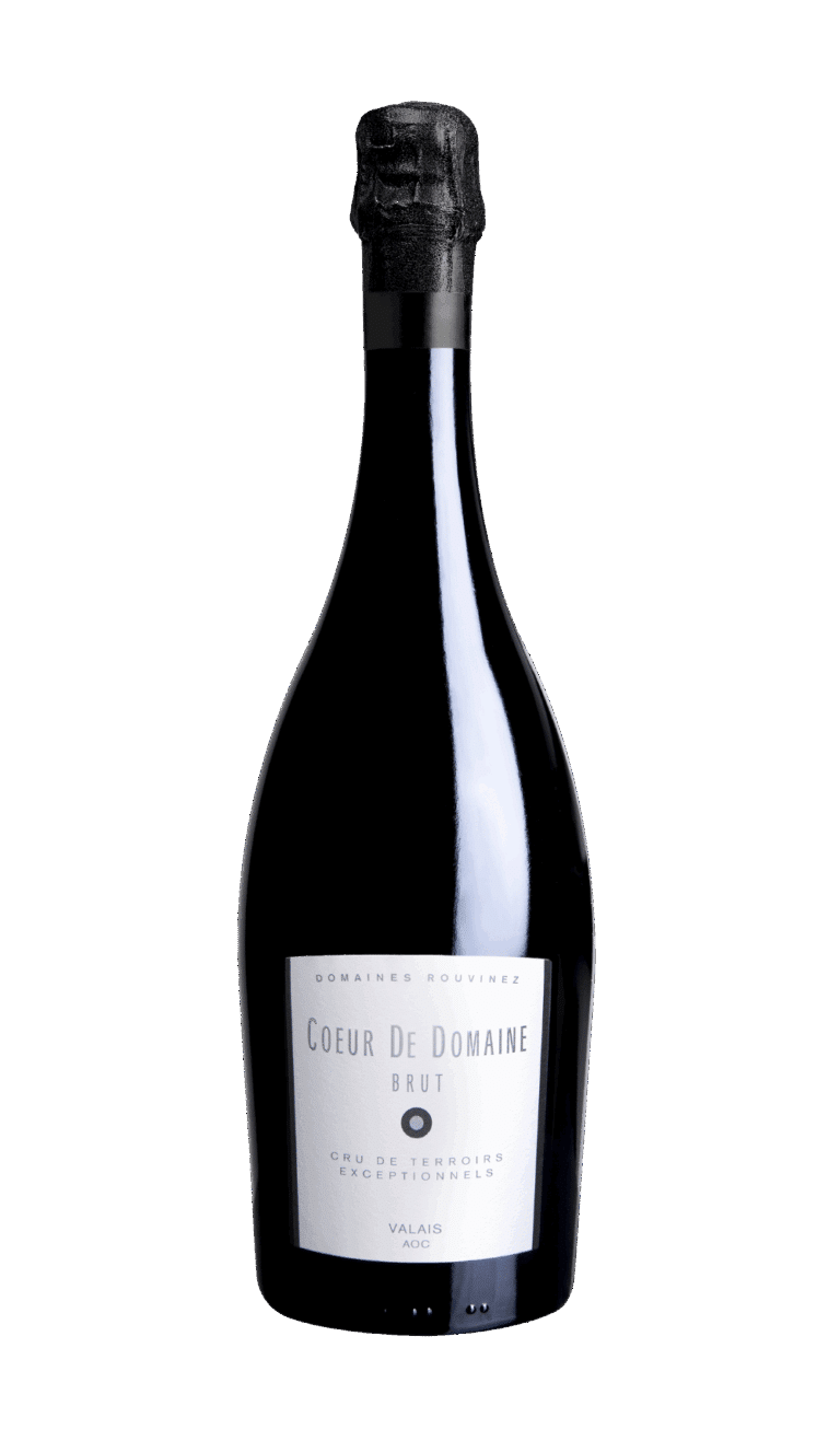 Bottle of Cœur de Domaine Brut from Domaines Rouvinez, a sparkling wine from Valais AOC on a white background
