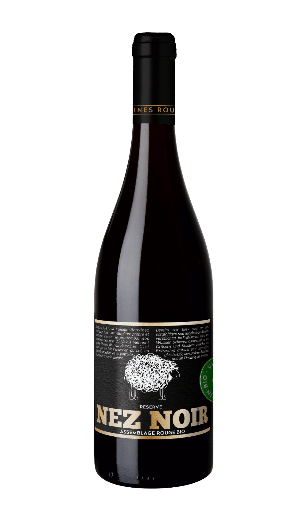 Flasche Rouvinez Nez Noir Réserve Bio-Rotwein-Cuvée auf weißem Hintergrund