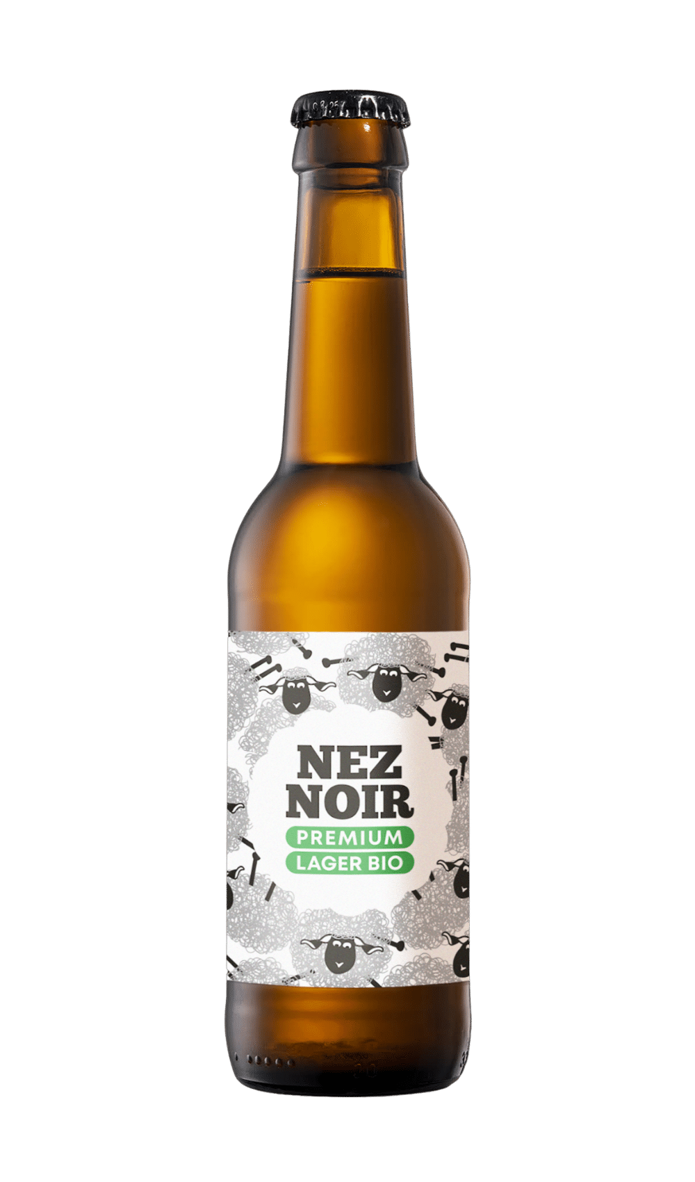 Bouteille de bière Nez Noir Premium Lager Bio avec étiquette illustrée de moutons noirs sur fond clair
