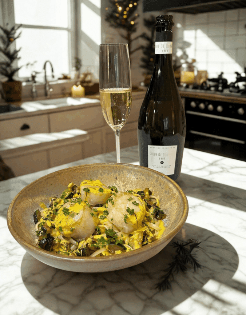 Plat de noix de Saint-Jacques aux pâtes et herbes accompagné d'une flûte et d'une bouteille de vin effervescent