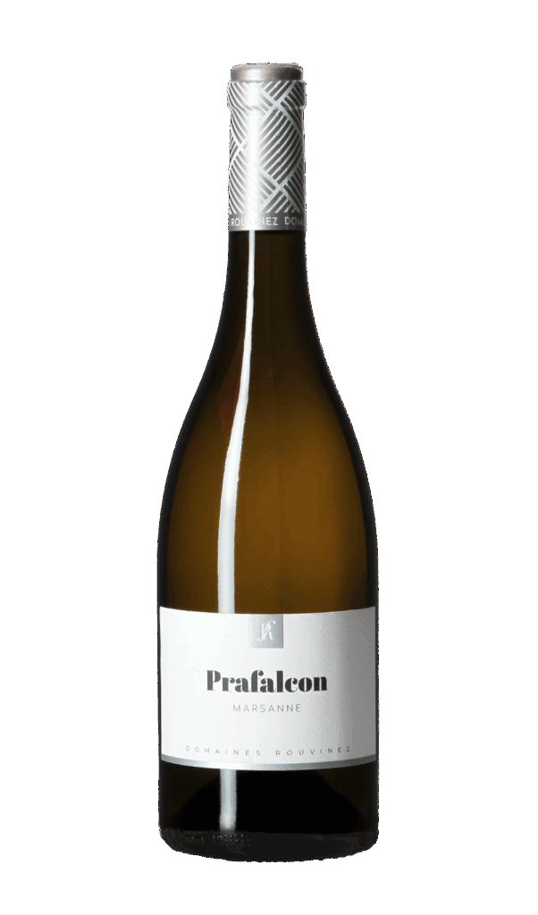 Bouteille de Prafalcon Marsanne des Domaines Rouvinez avec capsule argentée à motifs géométriques