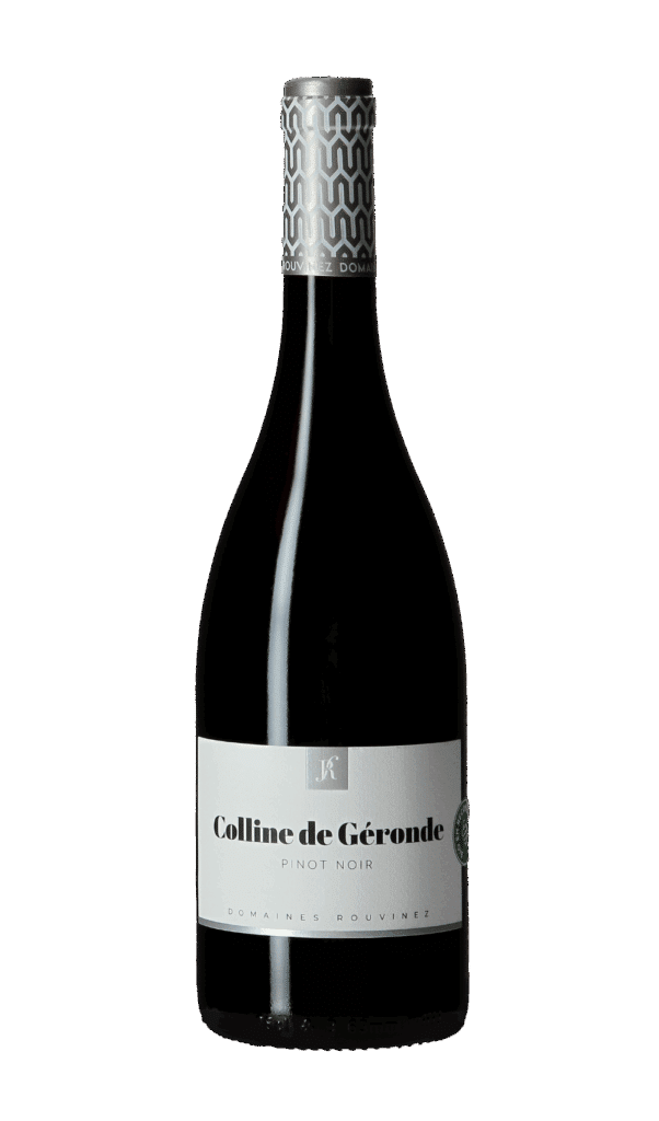 Bouteille de Pinot Noir Colline de Géronde des Domaines Rouvinez avec capsule argentée à motifs géométriques