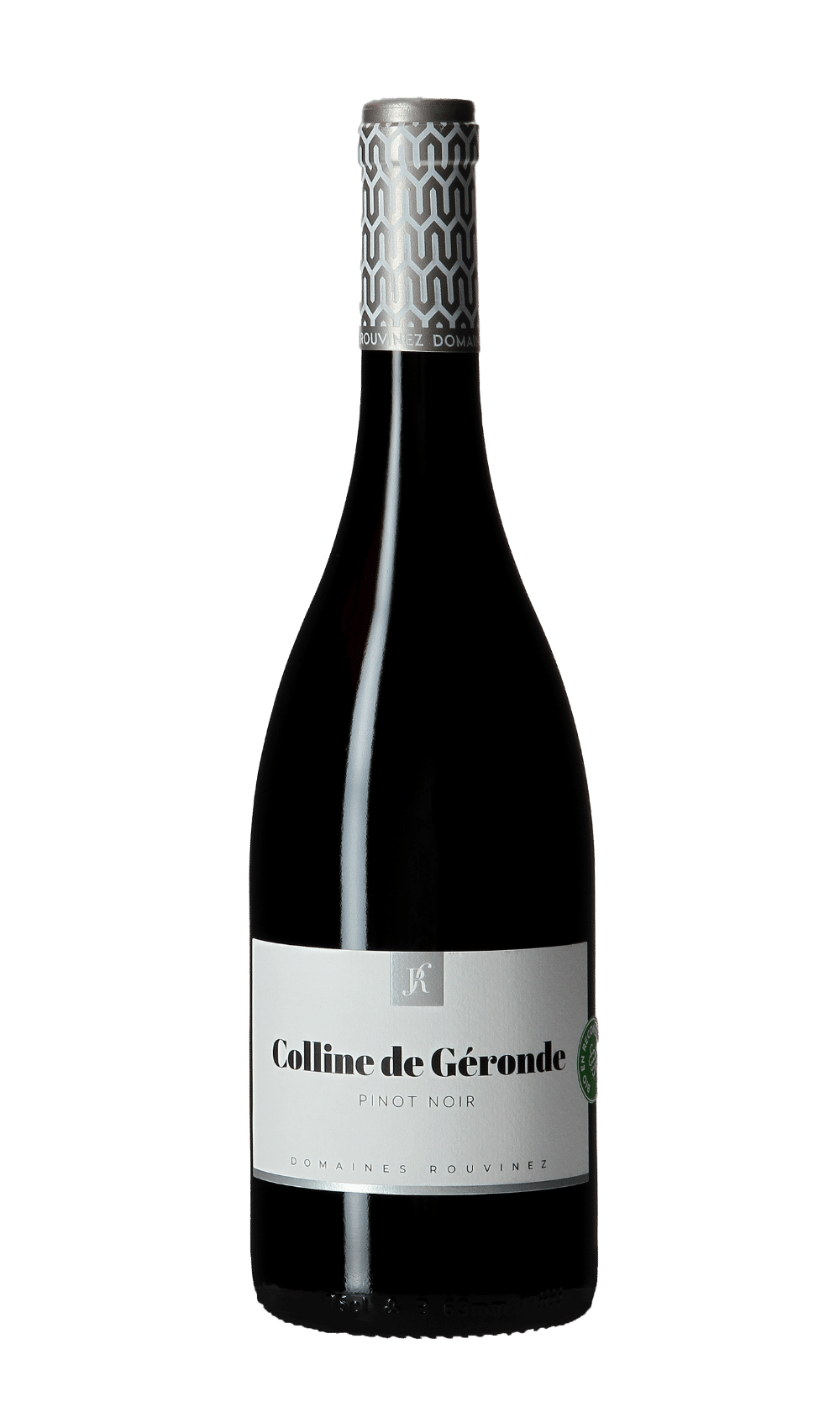 Flasche Pinot Noir Colline de Géronde von Domaines Rouvinez mit silberner Kapsel mit geometrischen Mustern