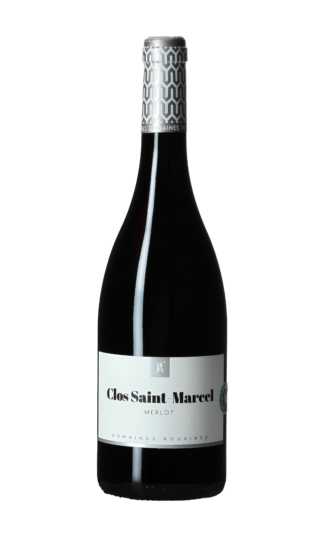 Flasche Clos Saint-Marcel Merlot von Domaines Rouvinez auf weißem Hintergrund