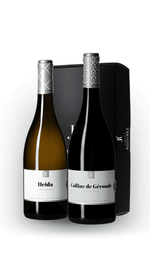 Deux bouteilles de vin Domaines Rouvinez, Heida Les Fleurs et Colline de Géronde Pinot Noir, avec leur coffret noir