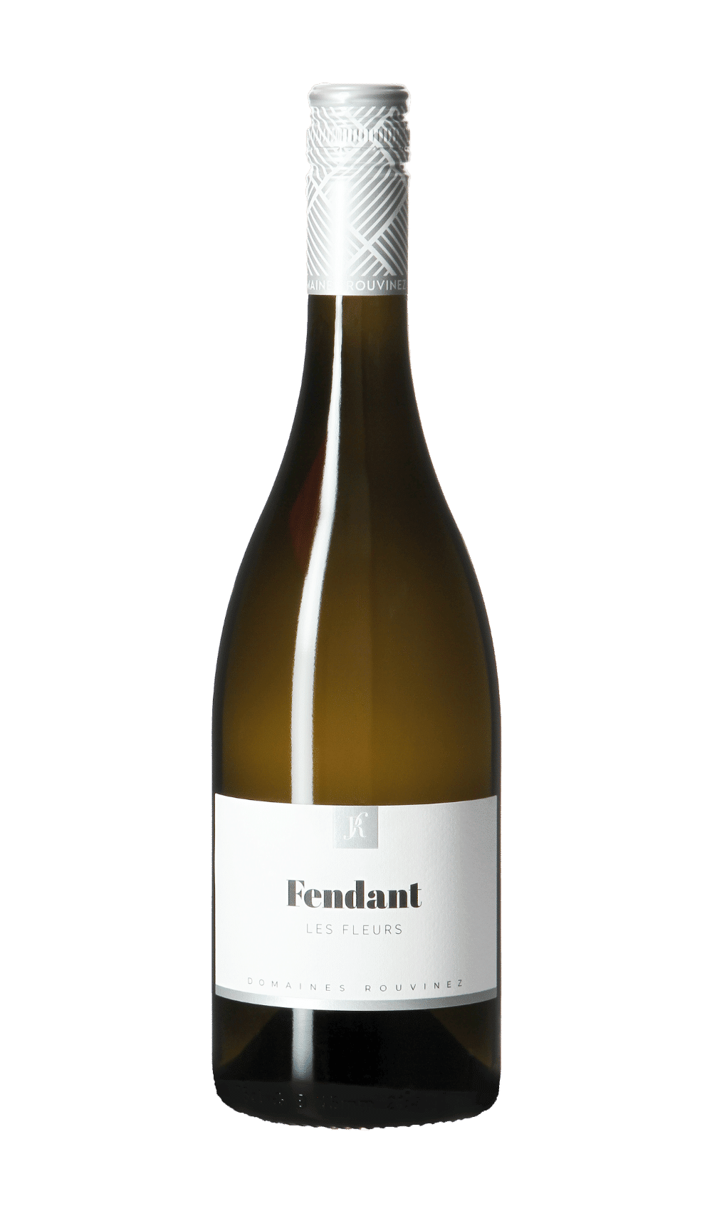 Bottle of Fendant Les Fleurs from Domaines Rouvinez with a silver cap featuring geometric patterns