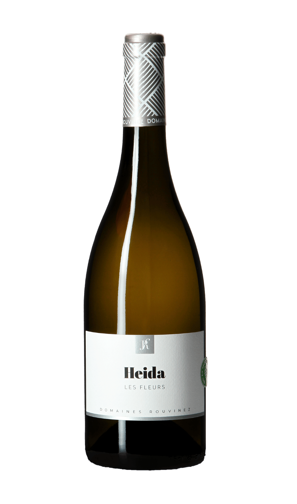 Bouteille de vin blanc Heida Les Fleurs des Domaines Rouvinez avec capsule à motifs géométriques argentés
