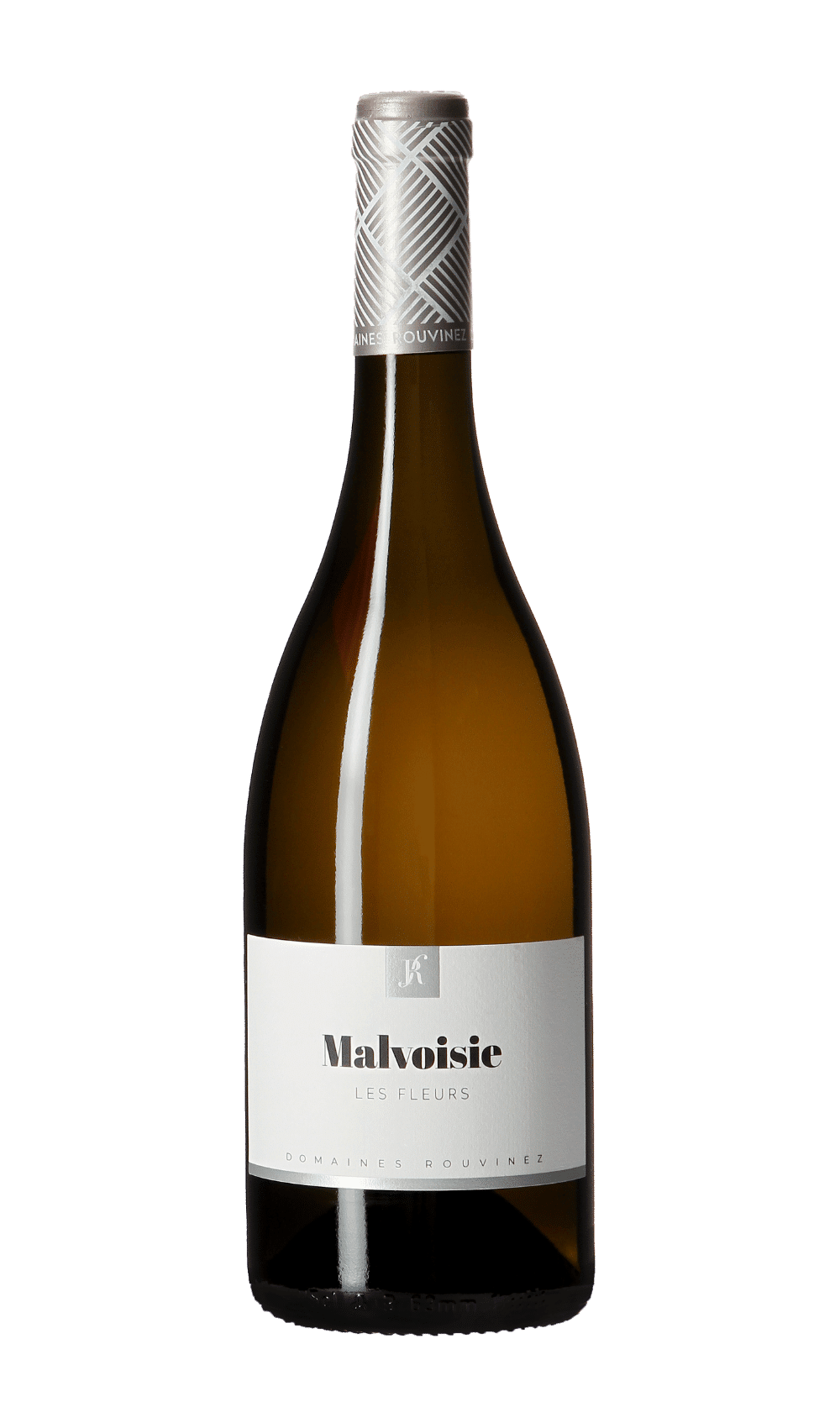Bottle of Domaines Rouvinez Malvoisie Les Fleurs with a silver capsule featuring geometric patterns