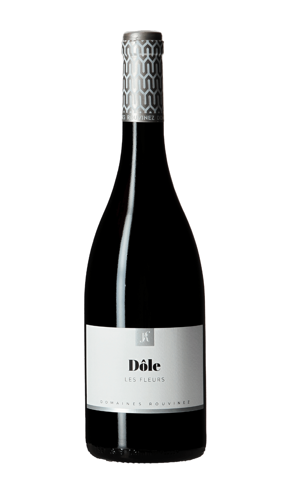 Weinflasche Dôle Les Fleurs von Domaines Rouvinez mit silberner Kapsel mit geometrischen Mustern