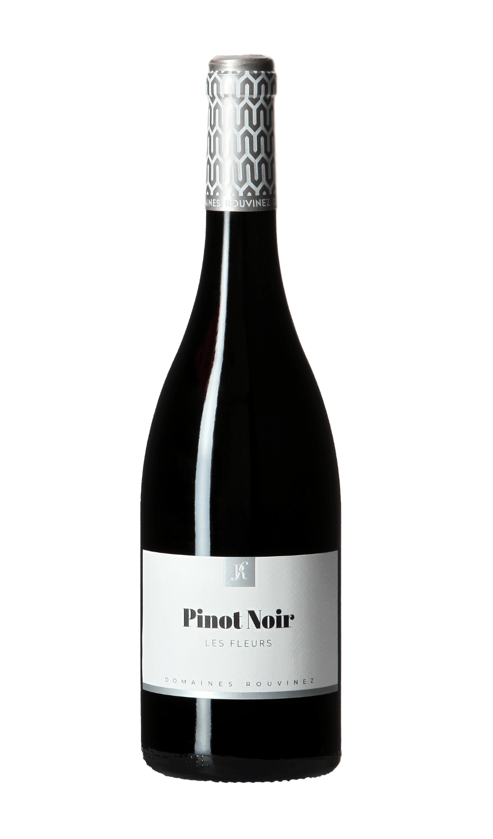 Bouteille de Pinot Noir Les Fleurs des Domaines Rouvinez avec capsule argentée à motifs géométriques