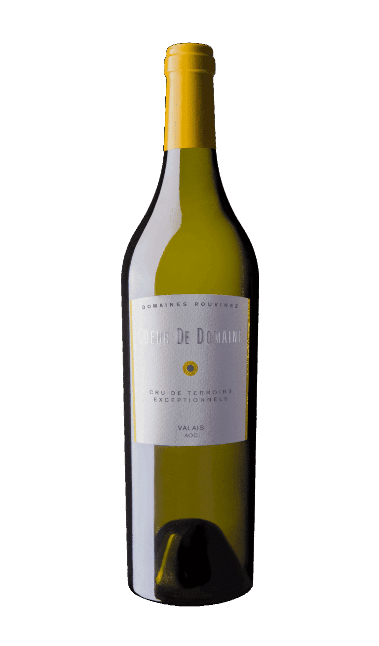 Bottle of Cœur de Domaine Rouvinez white wine, Valais AOC, with a gold capsule on a white background