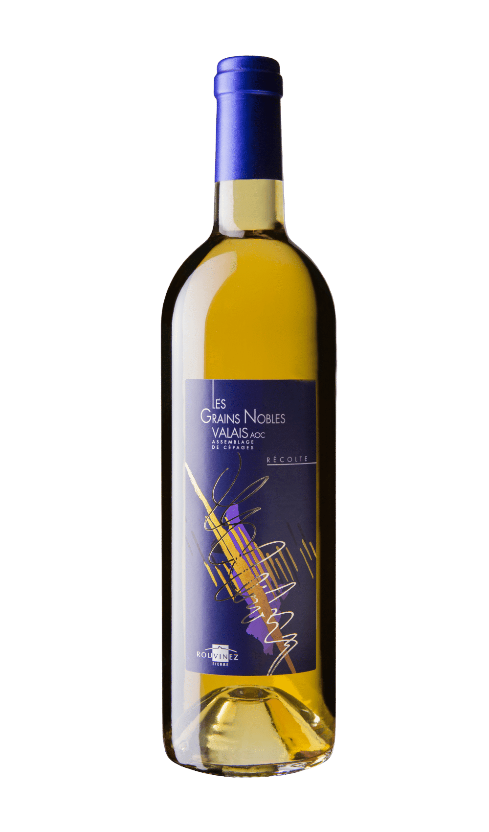 Bouteille de vin blanc Grains Nobles Valais AOC Rouvinez avec capsule bleue sur fond blanc