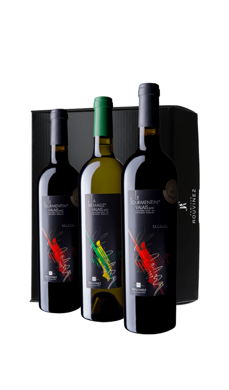 Rouvinez-Set mit drei Flaschen Le Tourmentin AOC Valais mit farbigen grafischen Etiketten