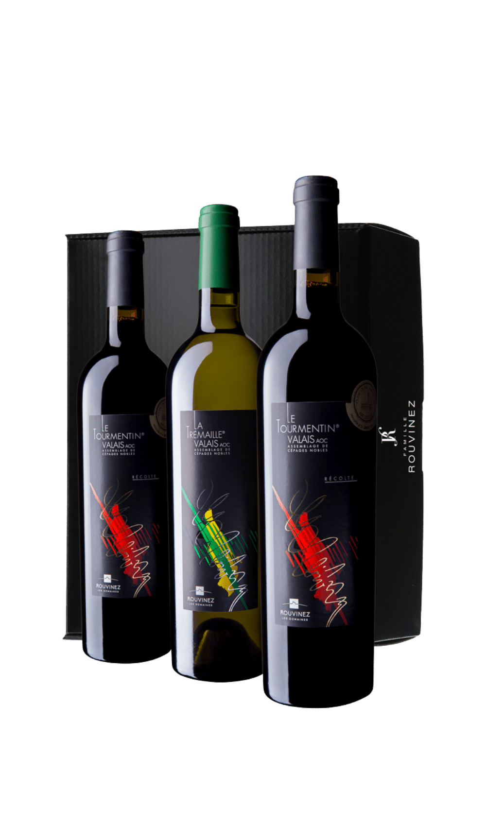 Rouvinez-Set mit drei Flaschen Le Tourmentin AOC Valais mit farbigen grafischen Etiketten