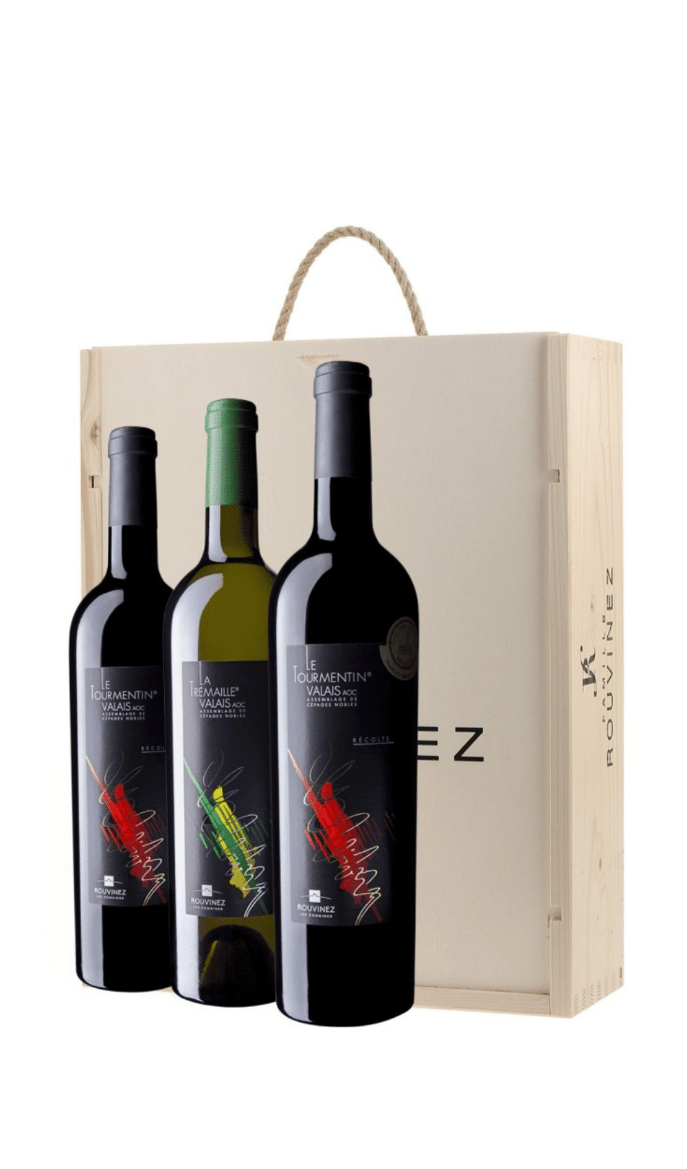 Coffret en bois Rouvinez contenant trois bouteilles de vin Valais AOC avec poignée en corde