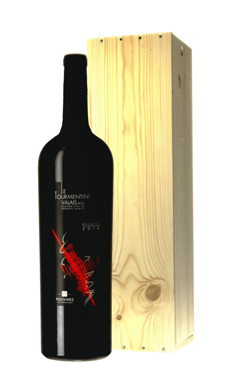 Flasche Le Tourmentin Valais AOC 2014 Rouvinez mit heller Holzkiste
