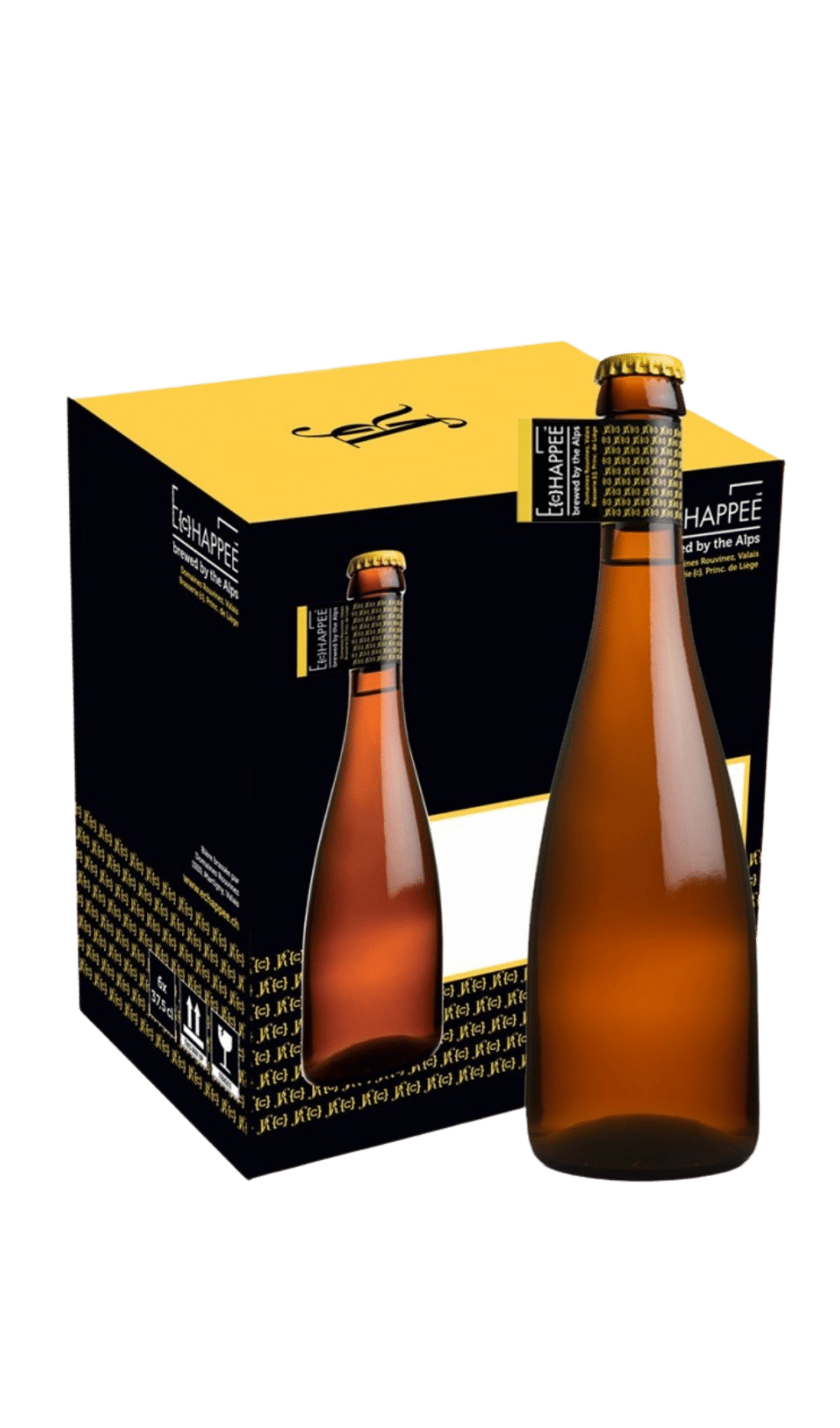 Zwei Flaschen L'Échappée Bier vor ihrer schwarz-gelben Verpackung