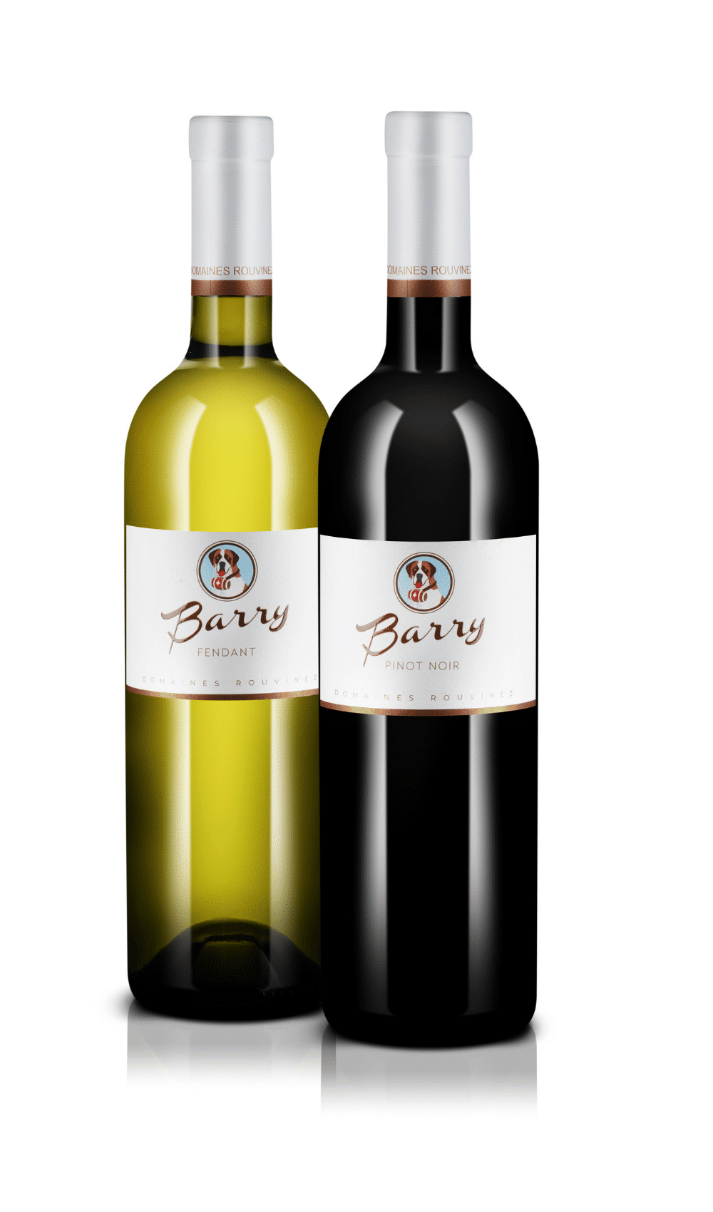 Deux bouteilles Domaines Rouvinez gamme Barry, un Fendant blanc et un Pinot Noir rouge sur fond blanc