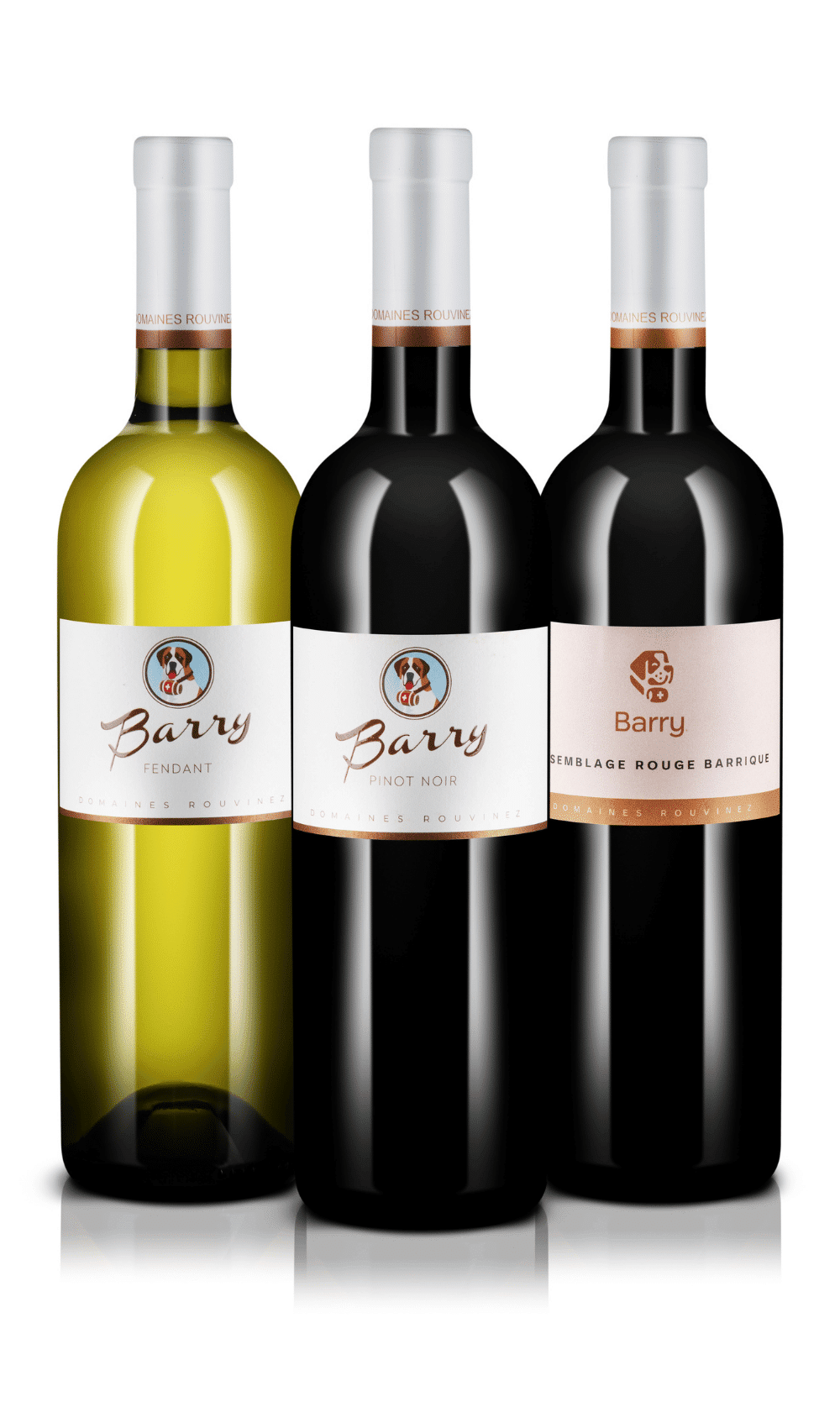 Three Domaines Rouvinez bottles from the Barry range: white Fendant, Pinot Noir and oak-aged red blend