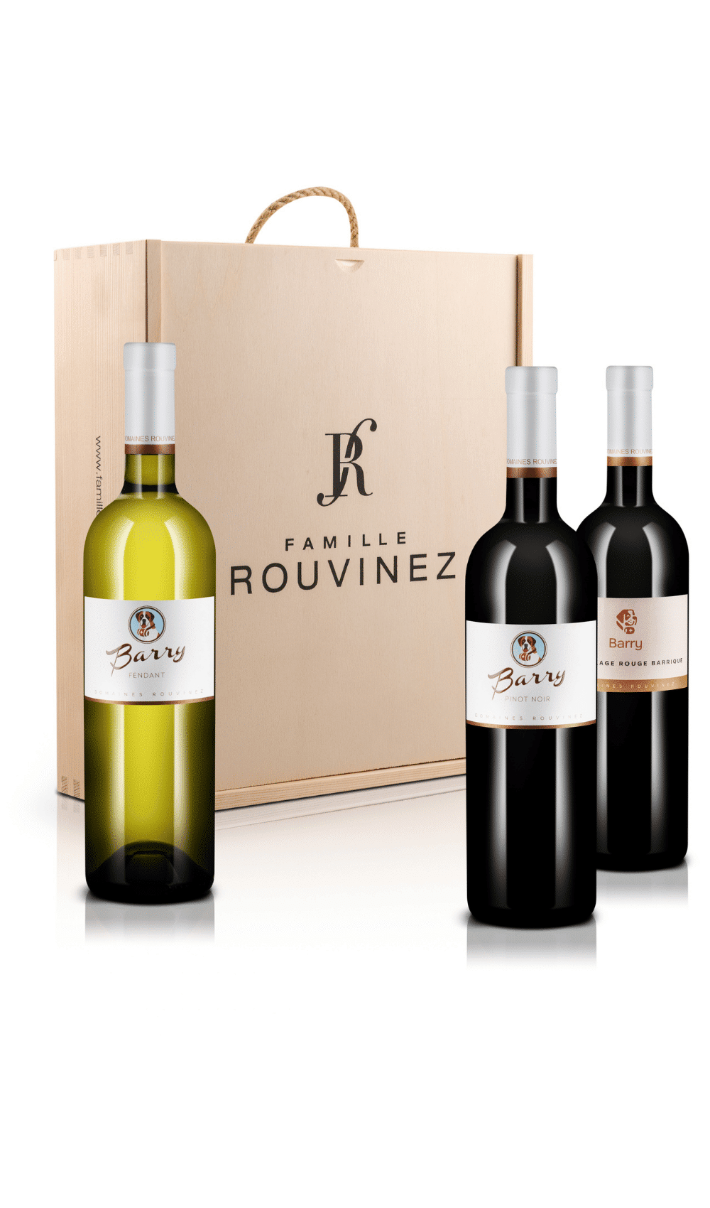 Holzkiste Famille Rouvinez mit drei Flaschen Barry: Fendant, Pinot Noir und Rouge Barrique