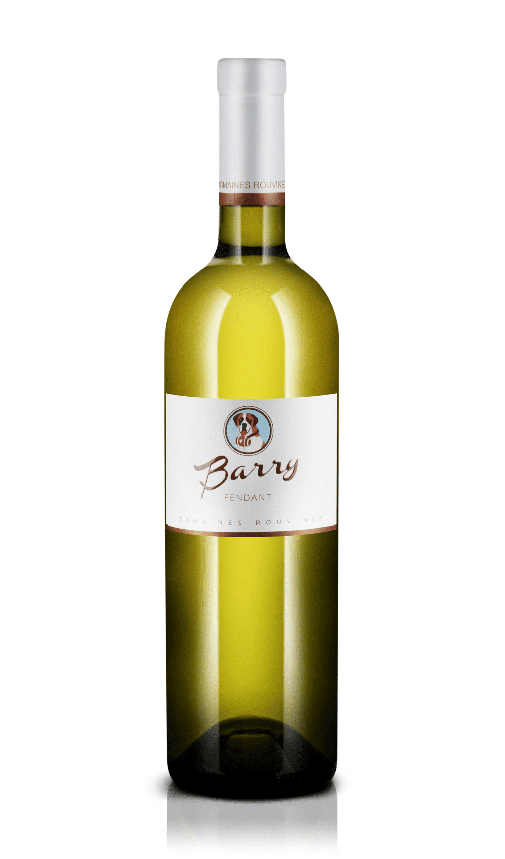 Bottle of Fendant Barry white wine from Domaines Rouvinez, featuring a Saint Bernard dog on the label.
