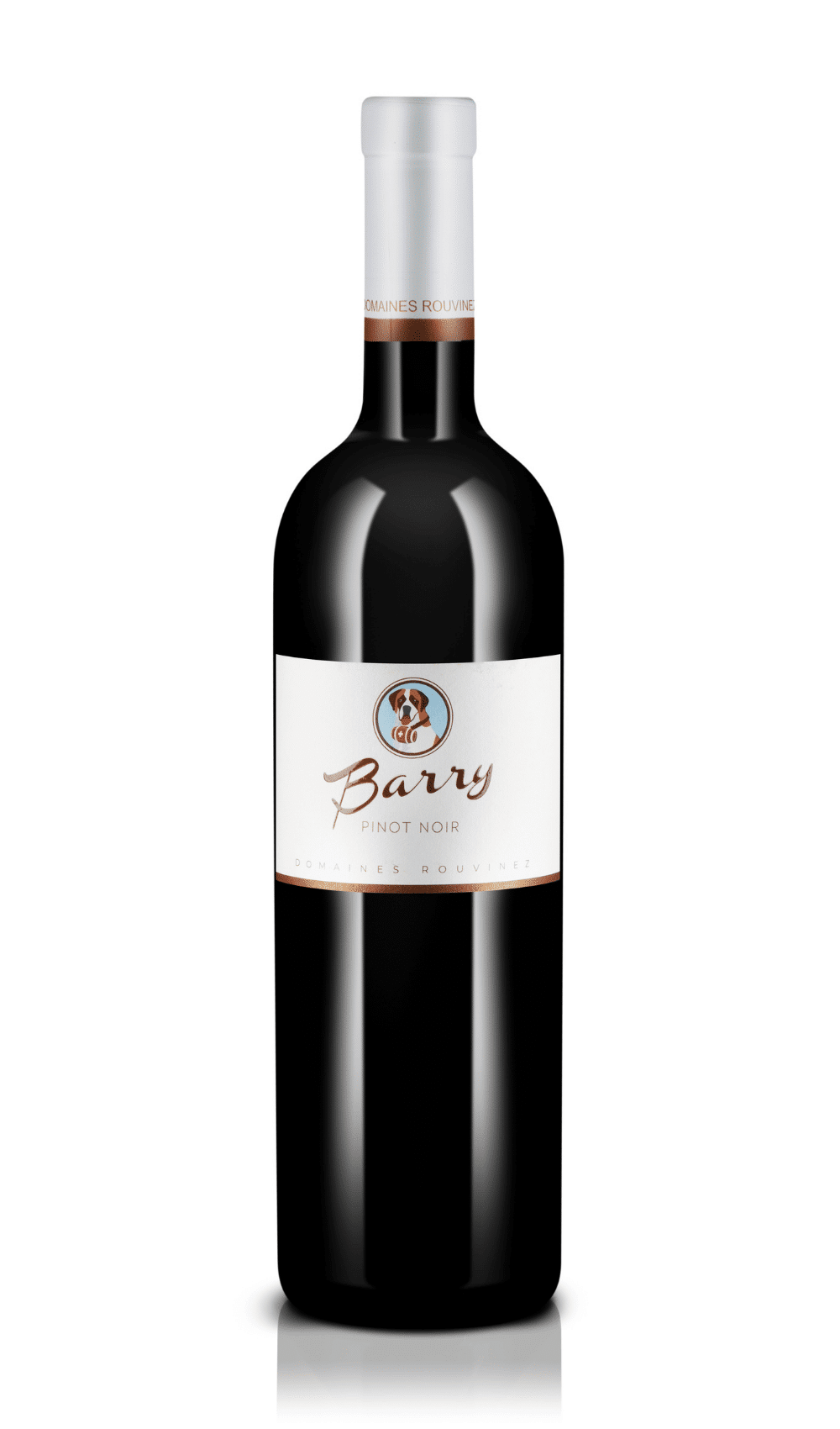 Bouteille de Pinot Noir Barry des Domaines Rouvinez avec étiquette beige et illustration de chien