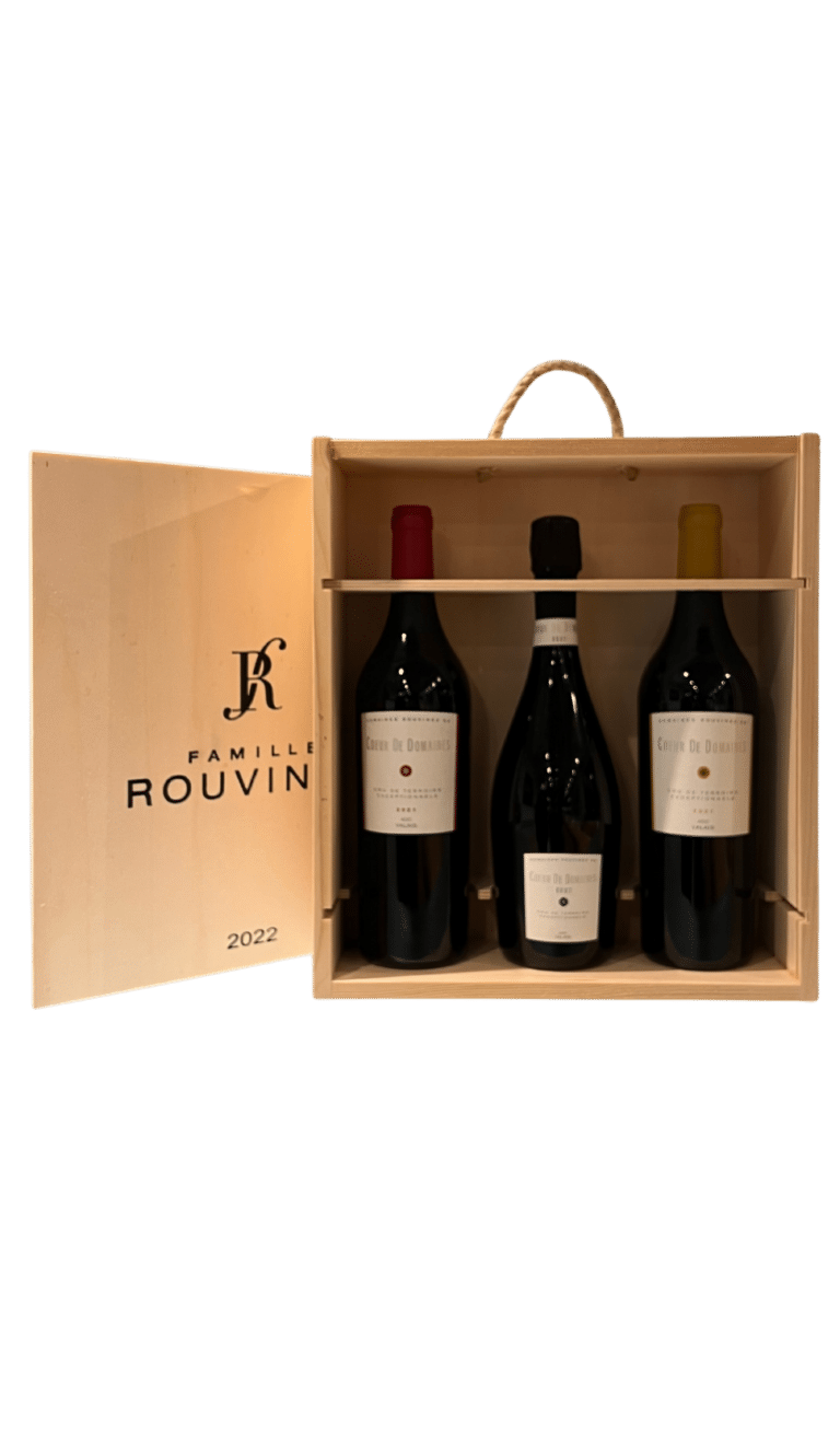 Famille Rouvinez 2022 vintage wooden case containing three bottles of Cœur de Domaines wine