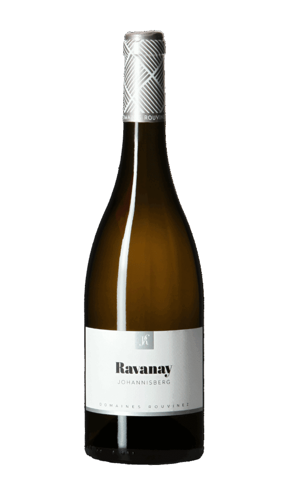 Bouteille de vin blanc Ravanay Johannisberg Domaines Rouvinez avec capsule argentée à motifs géométriques